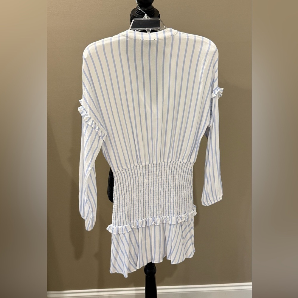 Women’s AQUA blue & white striped smocked mini dress- Size small - Picture 3 of 5